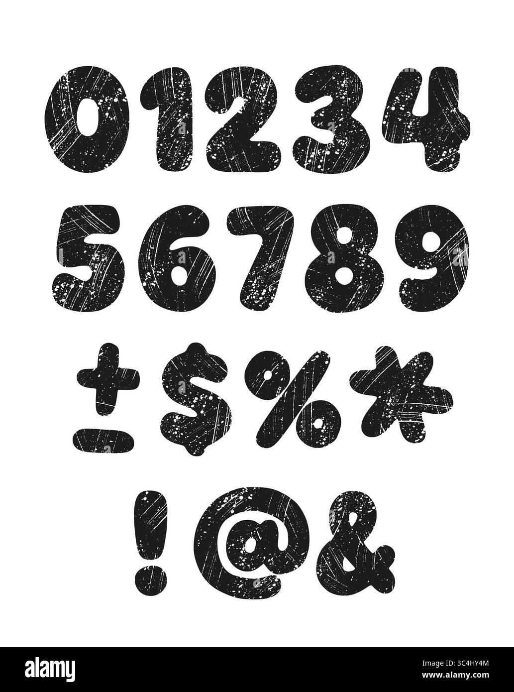 Numéros grunge gras et symboles avec texture rayée. Caractères noirs dessinés à la main dans un style vieilli. Idéal pour le design créatif, impression vintage Illustration de Vecteur