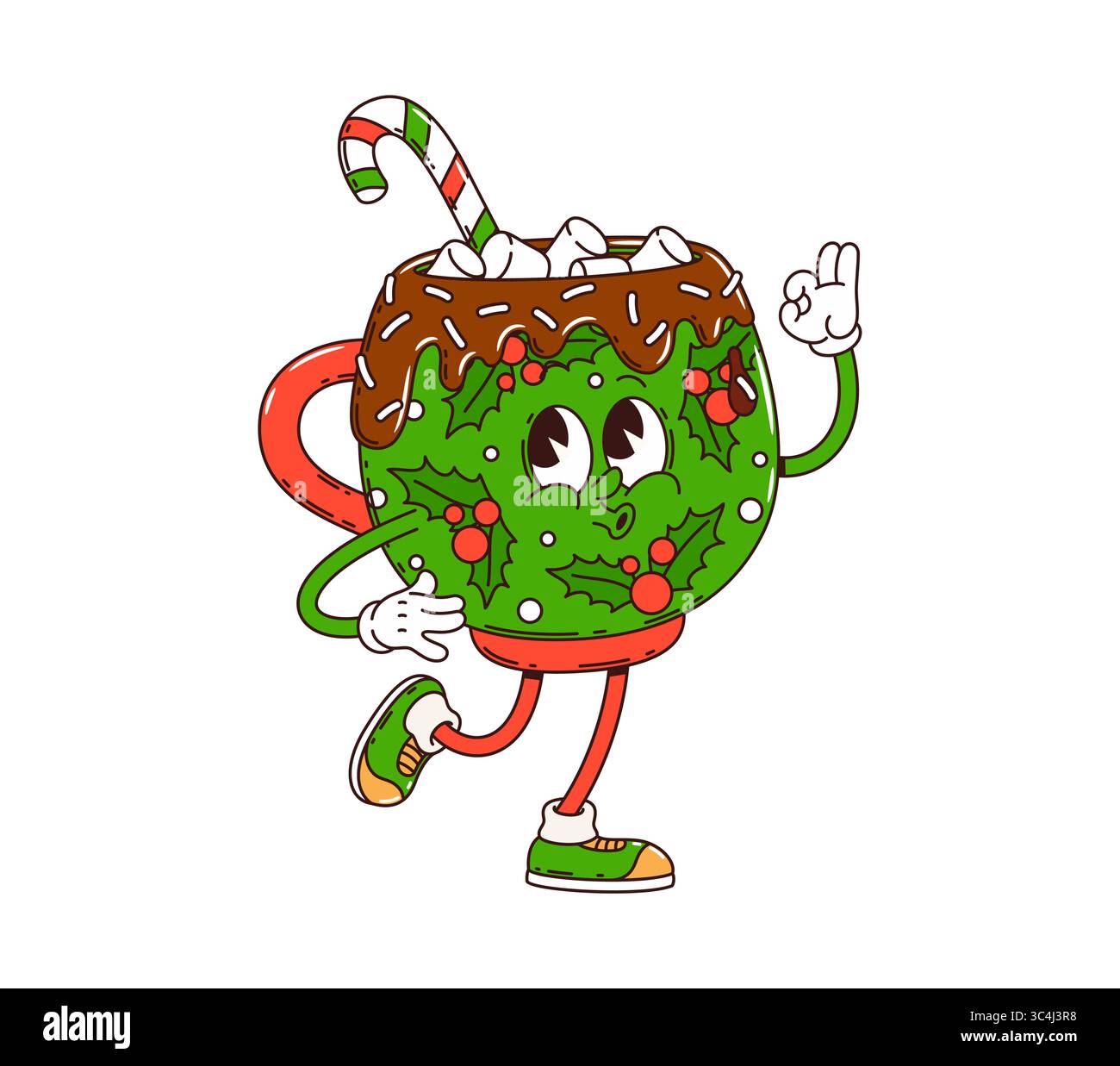Caractère groovy de boisson au chocolat chaud de Noël. Célébration de Noël boisson sucrée groovy personnage joyeux. Bonne année dessert boisson tasse avec Illustration de Vecteur