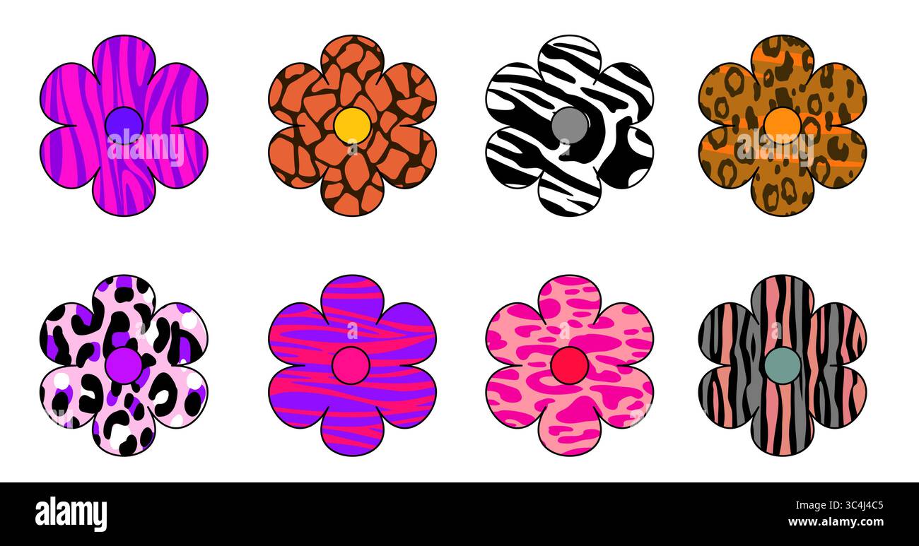 Autocollants de fleurs Girly y2k à la mode avec des motifs imprimés animaux - rayures zébrées, taches léopard, impressions de vache dans des couleurs vives pour scrapbooking, décorations numériques et designs esthétiques nostalgiques. Illustration de Vecteur
