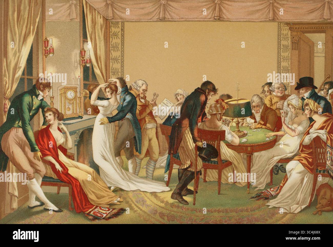 La bouillotte, 1798. Jeu de cartes français du XVIIIe siècle, basé sur Brelan, un jeu très populaire en France au XIXe siècle. Illustration d'après Jean François Bosio (1764-1827). Lithographie de Gaulard. Chromolithographie. Directoire, Consulat et Empire. Moeurs et usages, lettres, sciences et arts. France, 1795-1815' (Annuaire, Consulat et Empire de France. Coutumes et traditions, lettres, sciences et art. France, 1795-1815), de Paul Lacroix. Publié à Paris, 1884. Banque D'Images