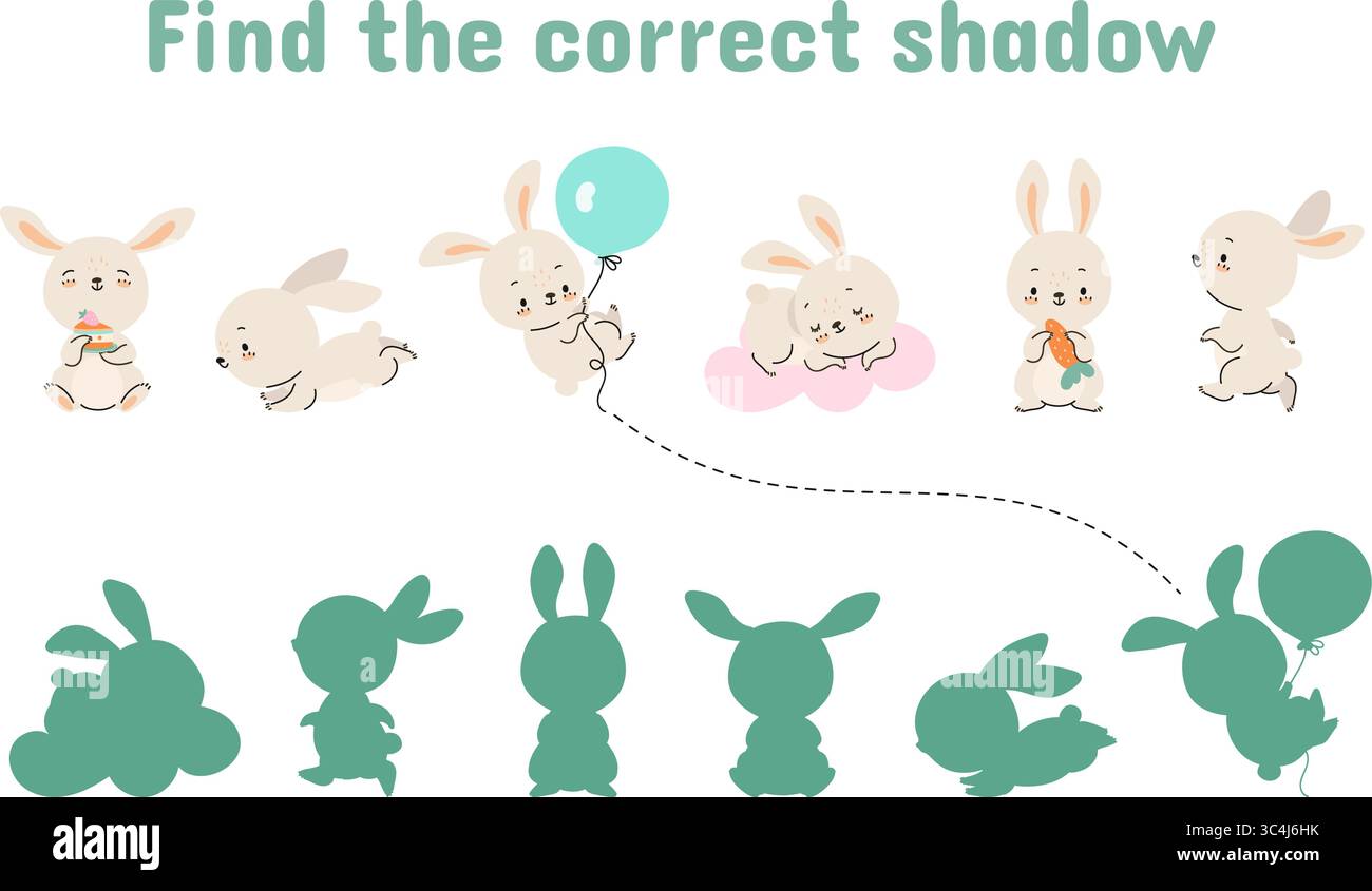 Jeu d'enfants avec des lapins de dessin animé. Connecter le lapin et son ombre correctement. Conception de modèle de jeu éducatif enfantin. Personnages vectoriels de lapin drôles Illustration de Vecteur