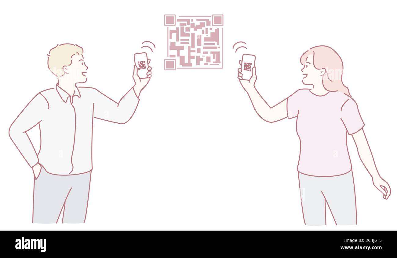 Deux personnes s'engagent activement avec des appareils mobiles lorsqu'elles scannent un code QR pour améliorer leur expérience Illustration de Vecteur