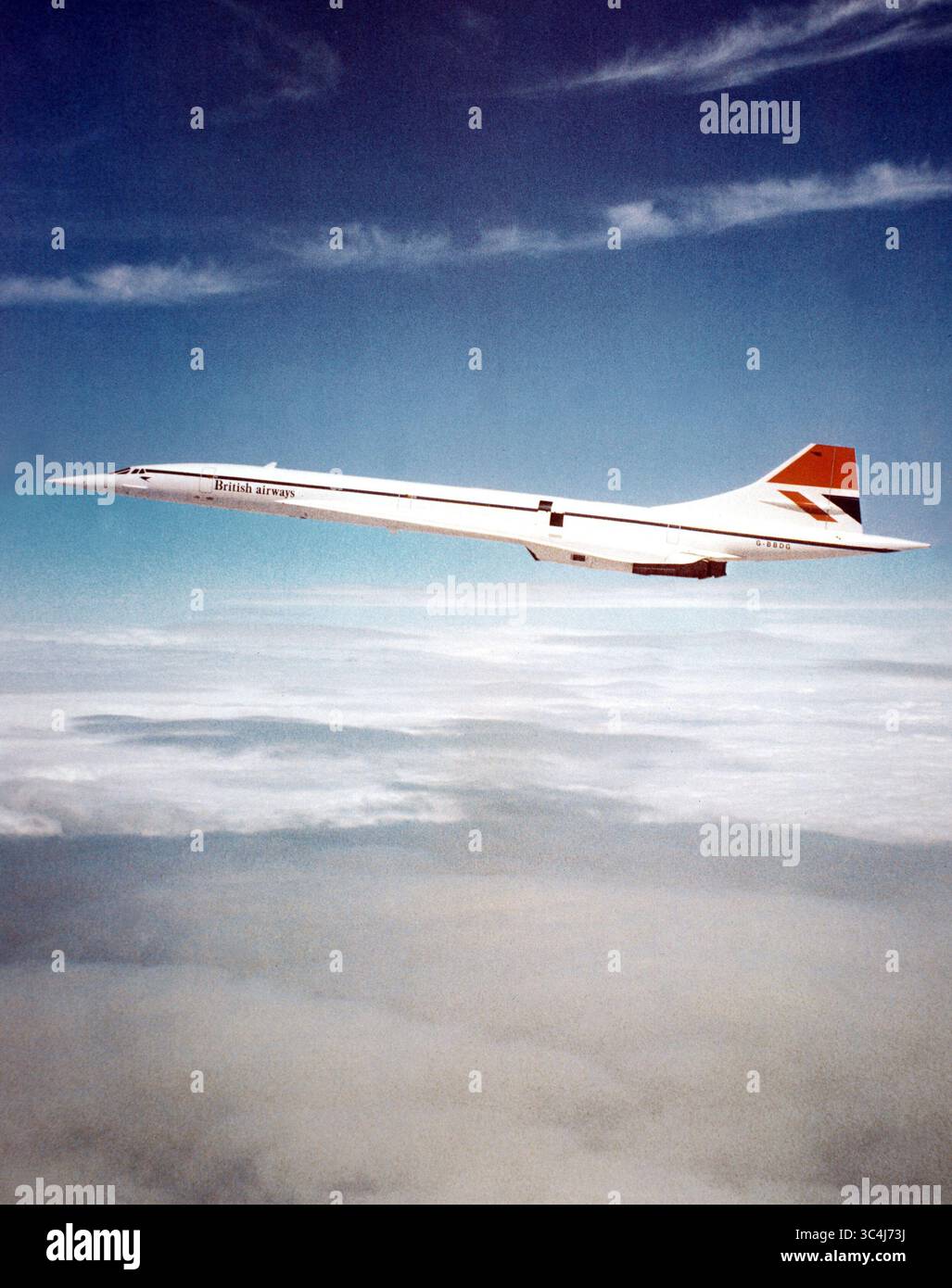 Avion Concorde supersonique de British Airways en vol, NASA Glenn Research Center 1975 Banque D'Images