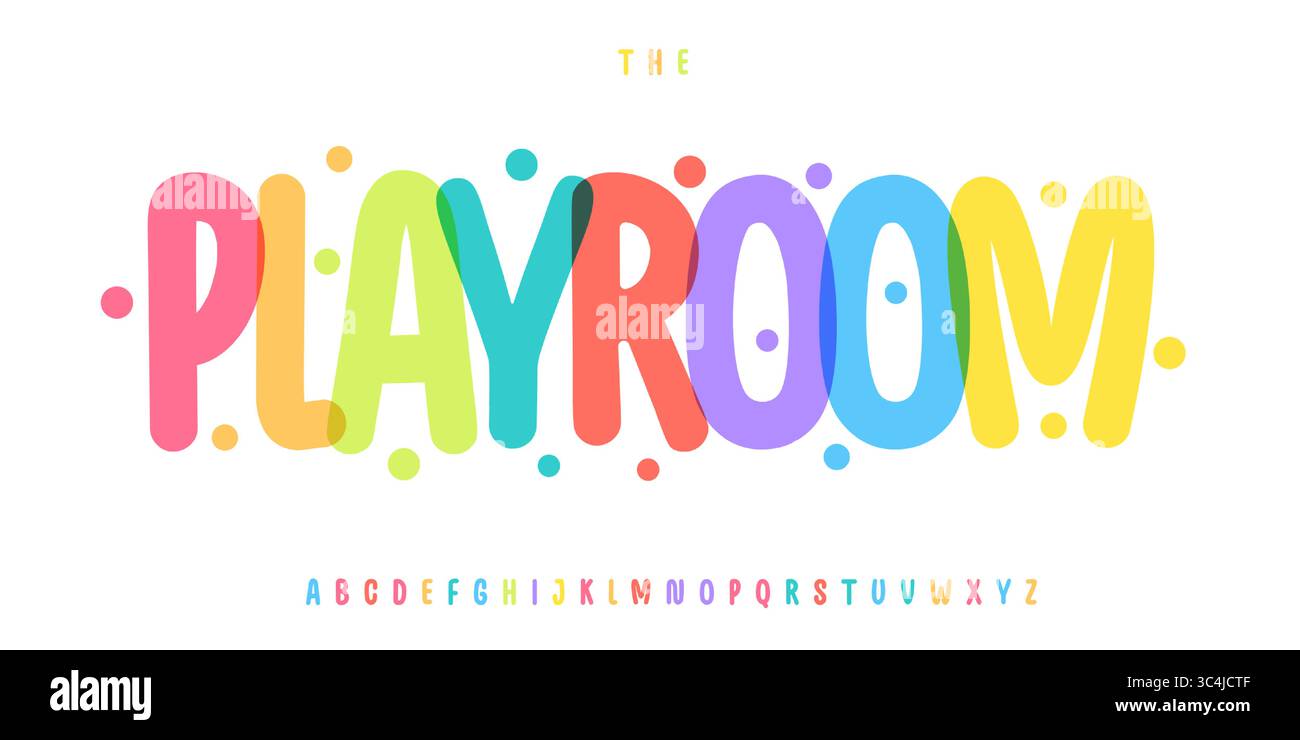 Alphabet arrondi coloré, police de dessin animé ludique, police de caractères douce audacieuse pour logo de zone d'enfants de salle de jeux, titre d'anniversaire d'enfant, typographie de festival de carnaval Illustration de Vecteur