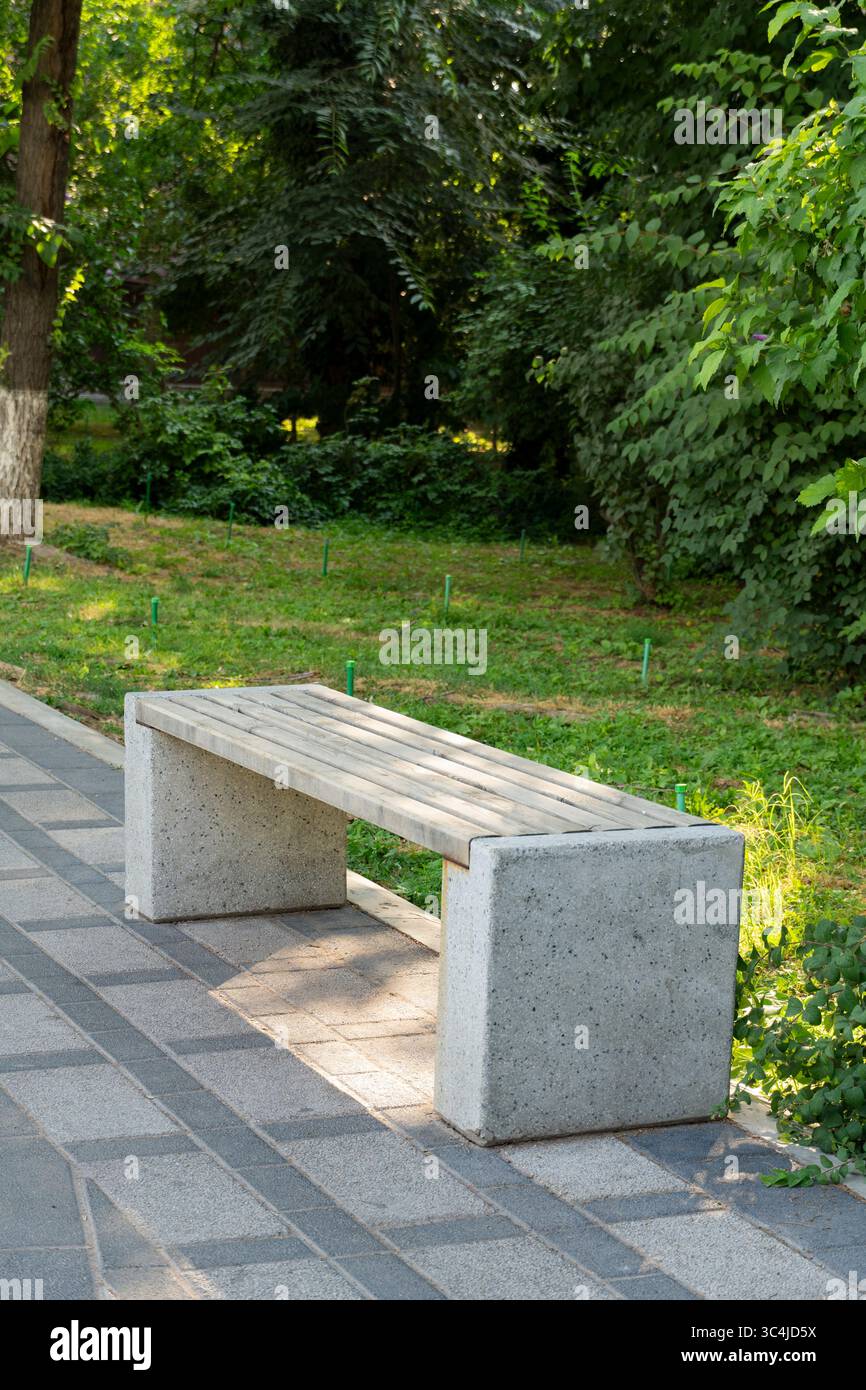 Un banc de parc moderne doté de lattes en bois et de supports en béton se trouve sur une passerelle pavée entourée d'une végétation luxuriante Banque D'Images