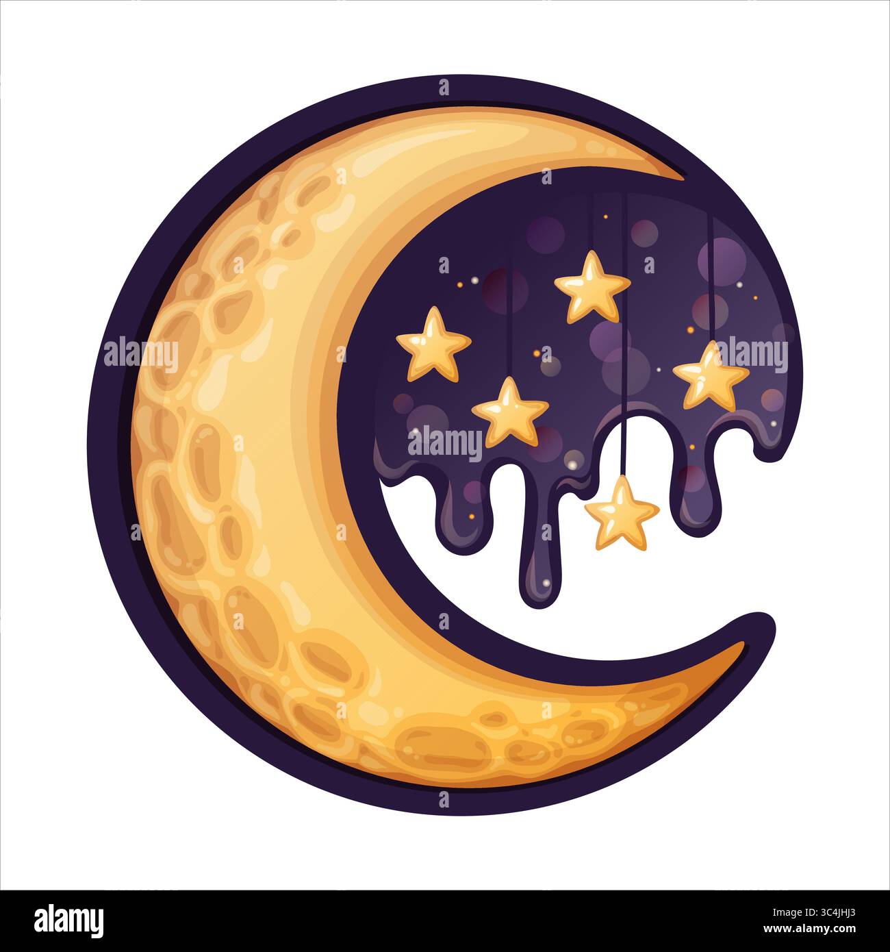Lune avec étoile dans l'illustration de dessin animé vectoriel de cercle. Croissant jaune avec des étoiles brillantes sur le ciel bleu foncé dans un style de coucher rêveur. Idéal pour les livres Illustration de Vecteur
