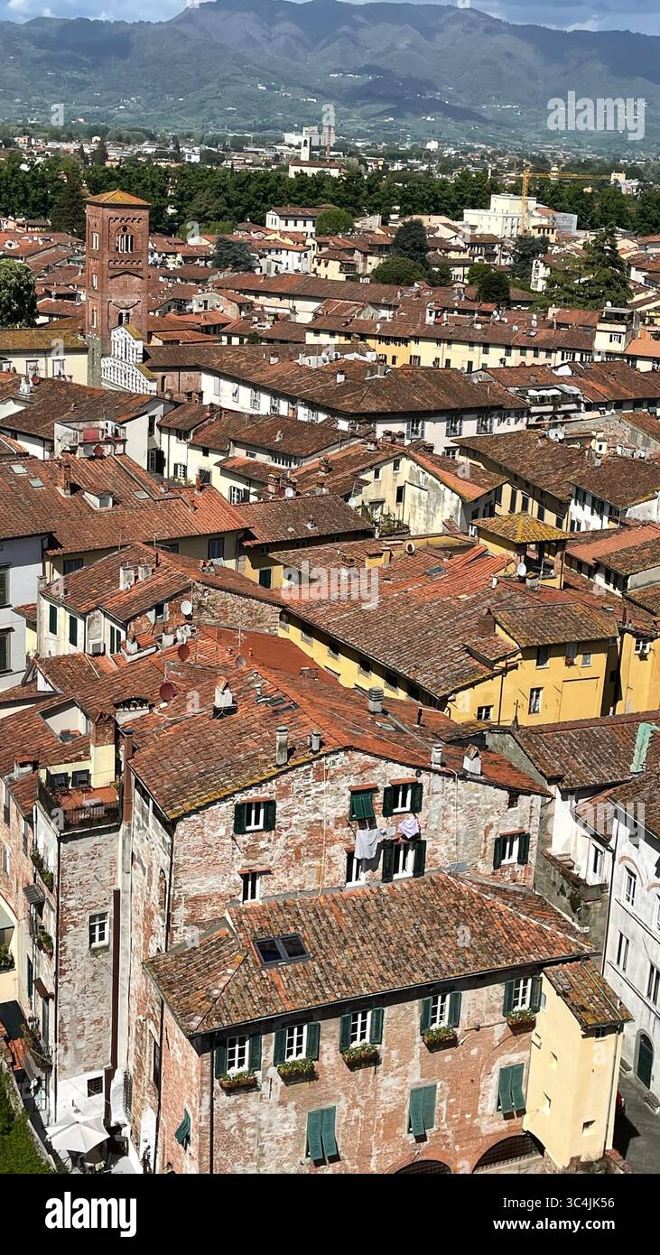 Vue aérienne d'un paysage urbain historique avec de nombreux toits de tuiles rouges et une architecture médiévale entourée de verdure luxuriante et de montagnes lointaines. Env Banque D'Images