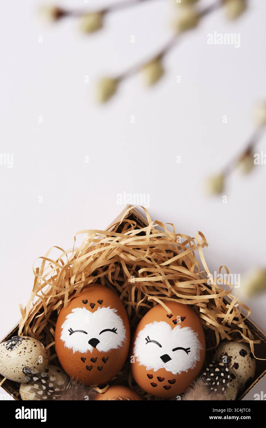 Oeuf de hibou peint à la main dans un nid avec des oeufs de caille. Espace pour votre texte. Banque D'Images