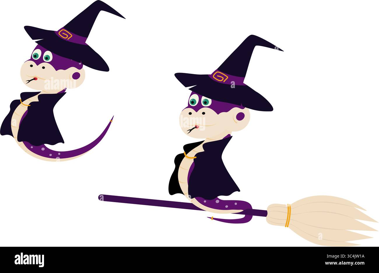 Personnage d'Halloween mignon dessiné à la main dans chapeau de sorcière et manteau volant sur balai et debout isolé ensemble. Illustration vectorielle isolée Halloween voeux carte thématique autocollant icône ad Flyer élément de conception Illustration de Vecteur