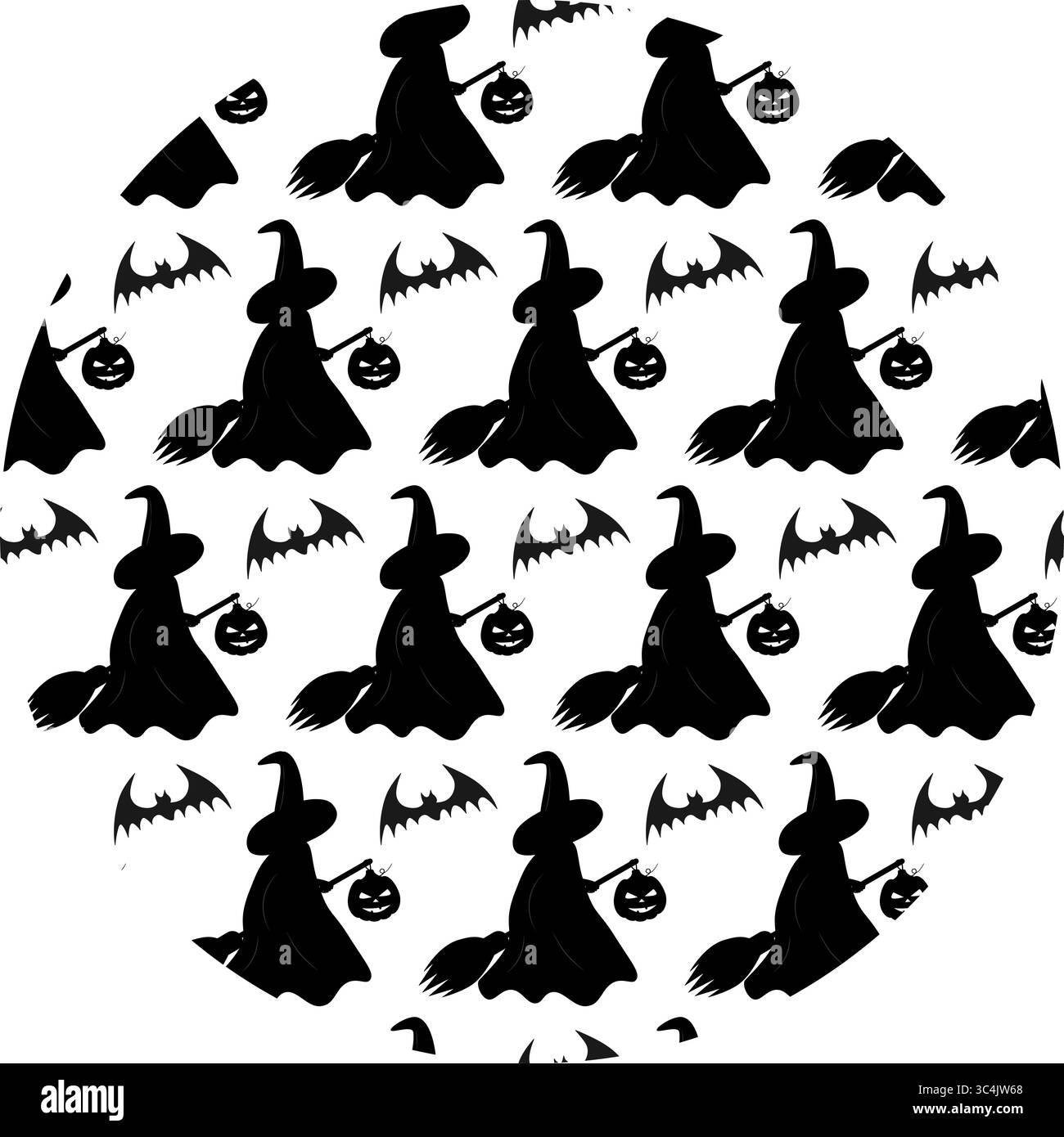 Silhouette de sorcière sur balai avec lanterne jack Halloween et motif Halloween chauve-souris sur fond de cercle. Illustration vectorielle isolée Halloween contenu connexe cartes thématiques de voeux, dépliants, messages, étiquette Illustration de Vecteur