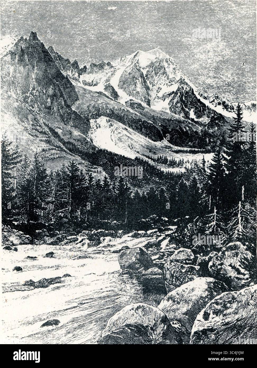Gravure victorienne vintage, plaque de livre des grandes Jorasses et du Doire Torrent, Val Ferret, gravure d'Edward Whymper dans Scambles Among the Alps, 1871. ROYAUME-UNI Banque D'Images