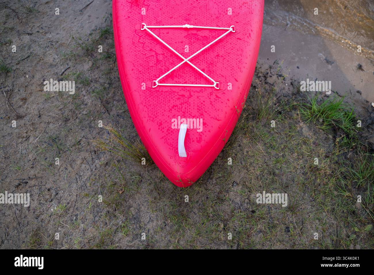 Un kayak rose éclatant se trouve sur la rive sablonneuse, prêt pour une aventure aquatique passionnante au milieu de la beauté de la nature Banque D'Images