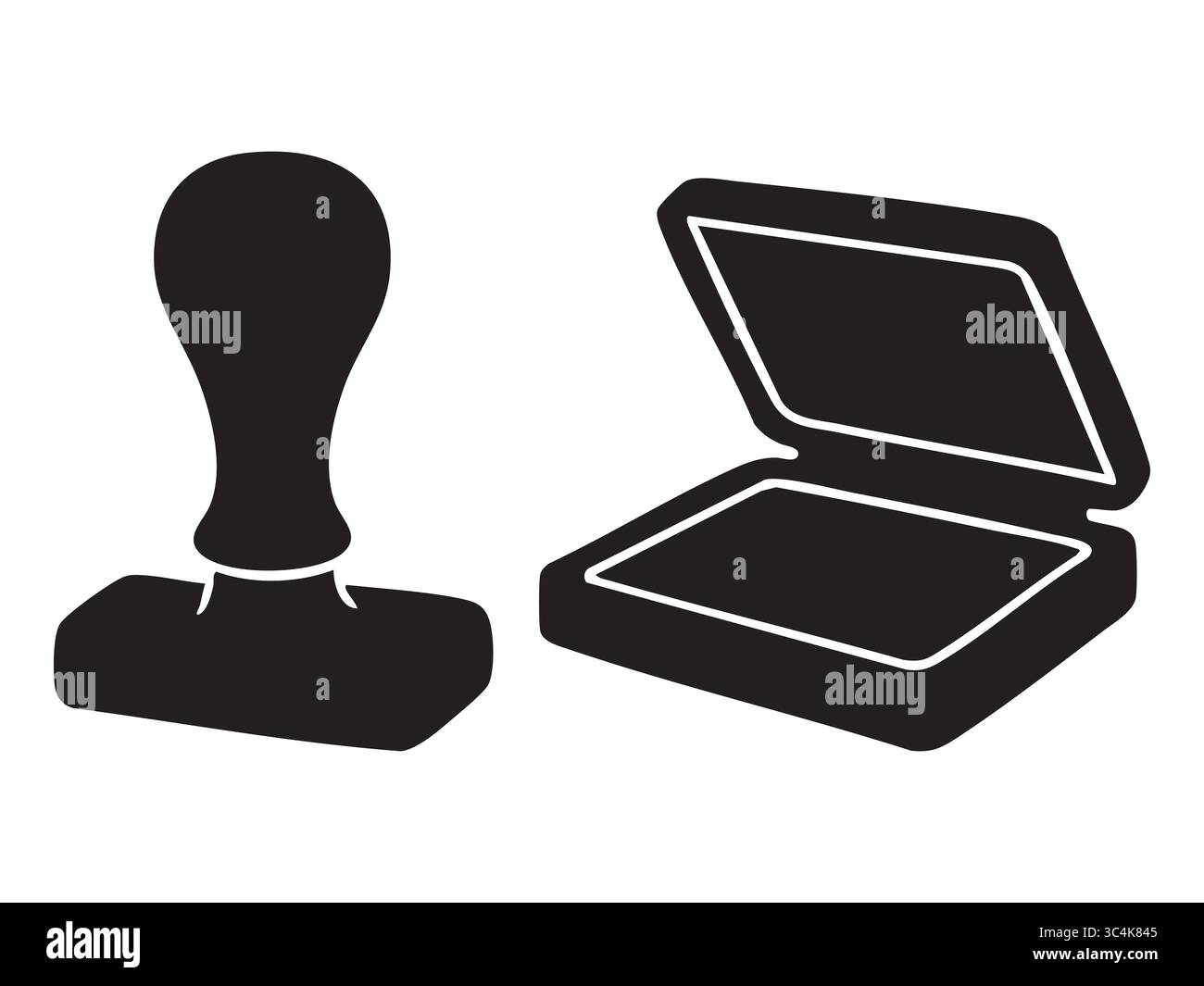 Silhouette noire de tampon à encre avec boîtier ouvert isolé sur fond blanc. concept de fournitures de bureau, papeterie, outils d'affaires, sceau, icône, logo, d Illustration de Vecteur