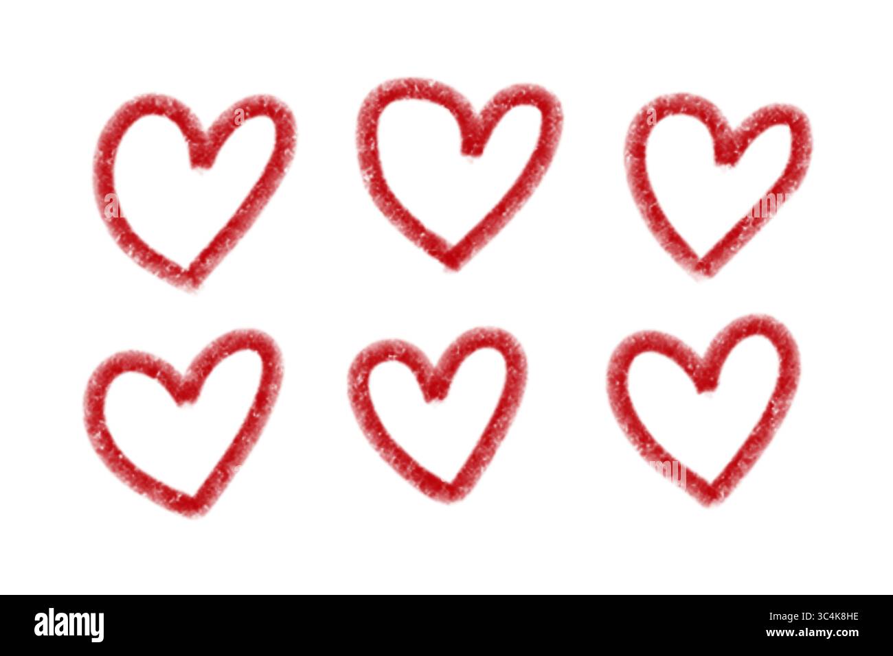 Dessiné à la main Red Heart Outline Set, crayon Doodle Love Icons, isolé sur fond transparent Banque D'Images