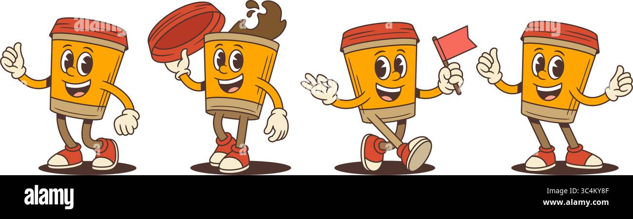 Mascottes de tasse de café de dessin animé dans des poses expressives avec éclaboussures, drapeaux et gestes de pouce levé joyeux. Idéal pour l'image de marque, le marketing ou le café promot Illustration de Vecteur