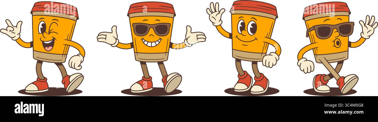 Mascottes de tasse de café avec des poses ludiques, y compris des clins d'œil, des ondulations et des lunettes de soleil fraîches. Parfait pour l'image de marque animée, le marketing des boissons et le camp optimiste Illustration de Vecteur