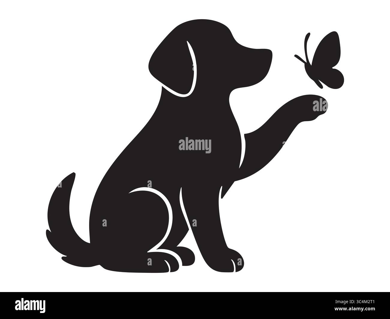 Silhouette noire de chien avec papillon, isolé sur fond blanc, illustration graphique. concept d'animal de compagnie, chiot ludique, animal domestique, nature ico Illustration de Vecteur