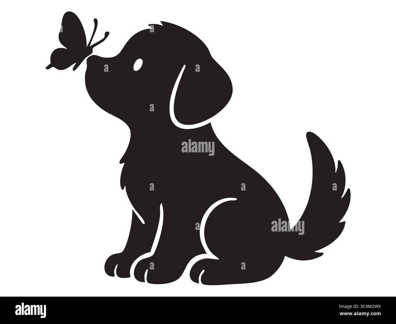 Silhouette noire d'un chiot avec un papillon sur son nez, isolé sur fond blanc, illustration graphique. concept d'animal de compagnie, chien mignon, anima domestique Illustration de Vecteur
