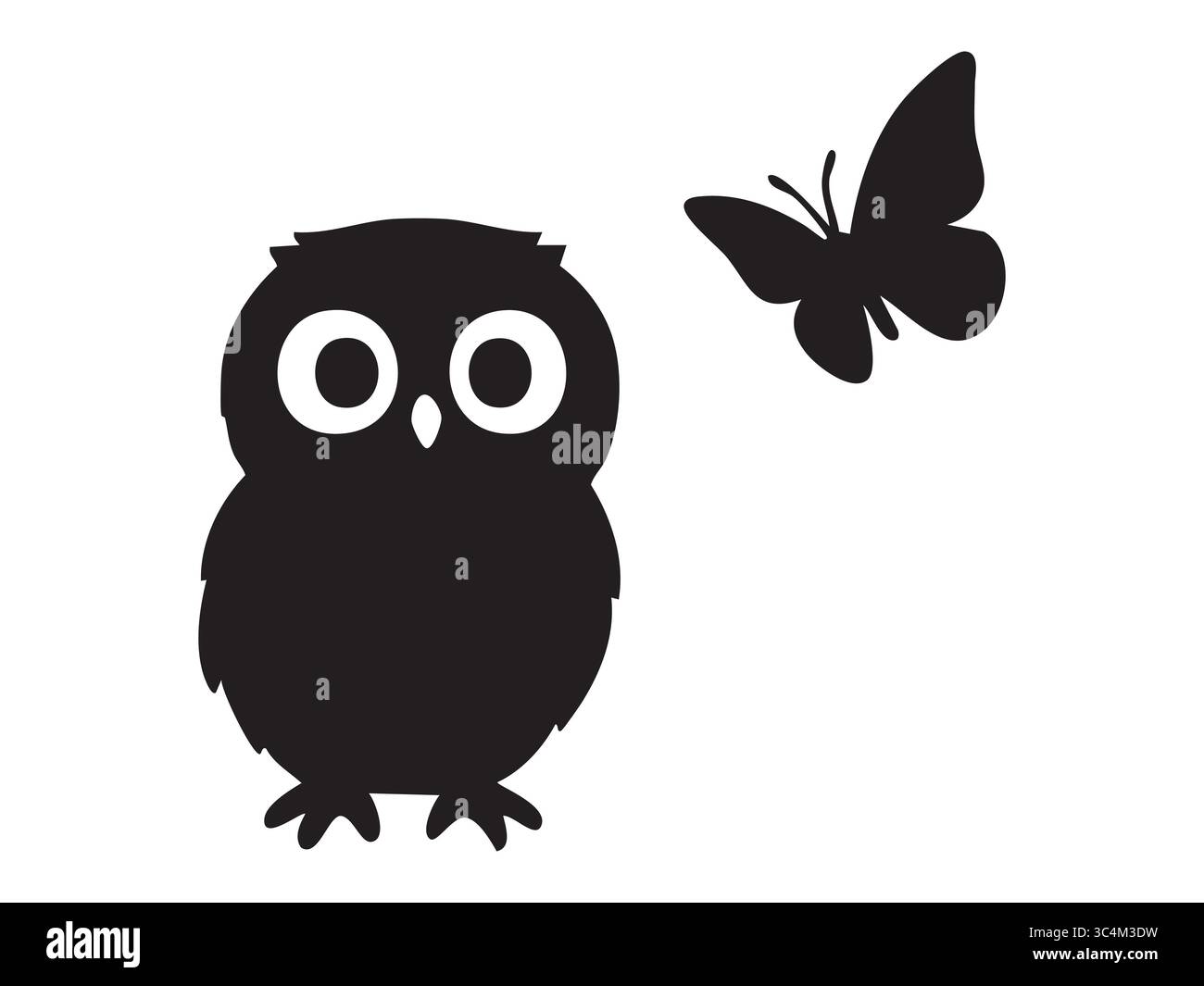 Silhouette noire de hibou avec papillon isolé sur fond blanc, illustration graphique. concept d'oiseau, animal nocturne, insecte, icône de la nature, des Illustration de Vecteur