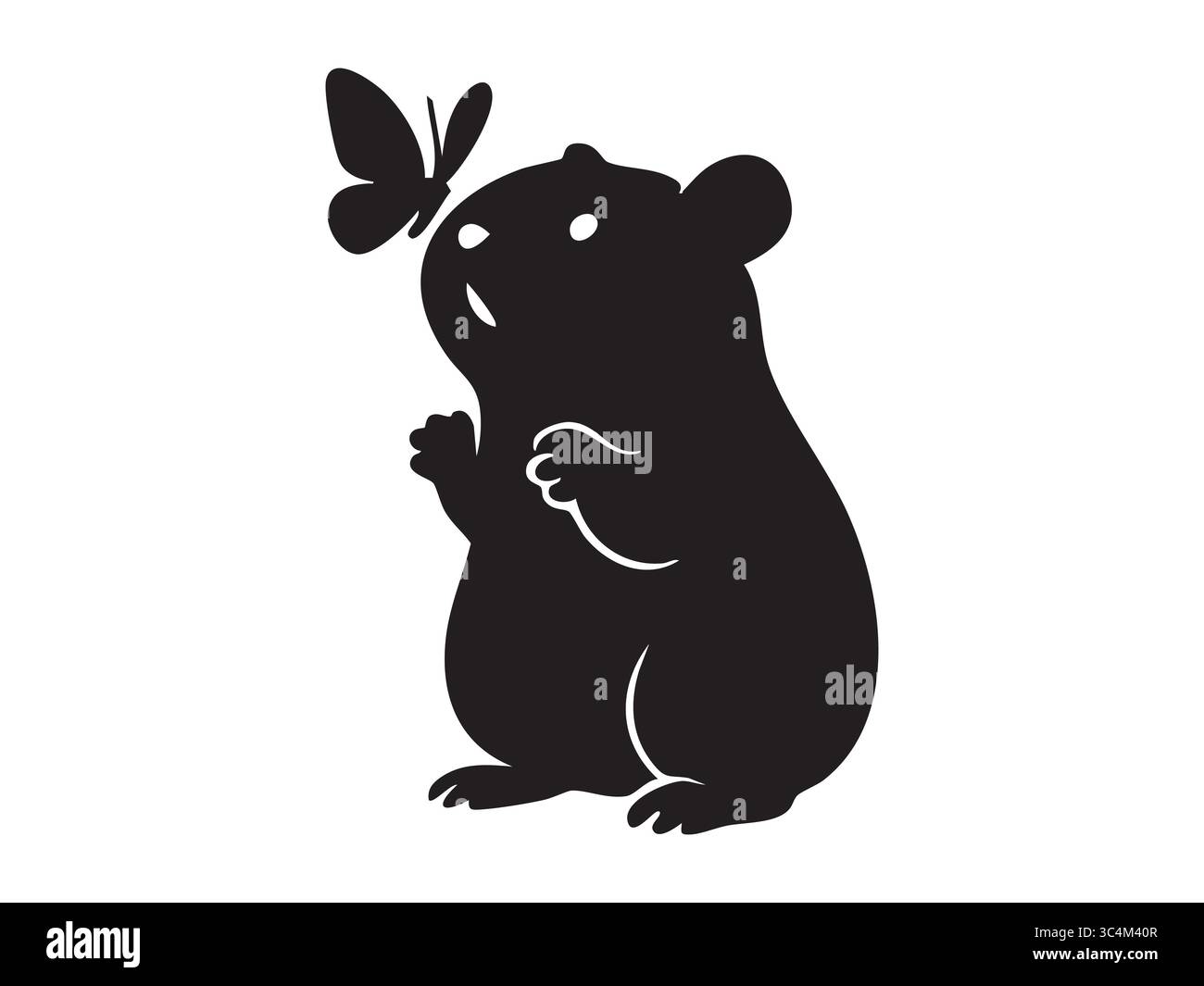 Silhouette noire de hamster avec papillon, isolé sur fond blanc. concept d'animal mignon, petit animal, faune, icône de la nature, élément de conception, lo Illustration de Vecteur