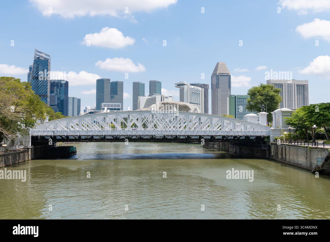 Pont Anderson au-dessus de la rivière Singapour avec Sky Scrapers en arrière-plan, Singapour Banque D'Images