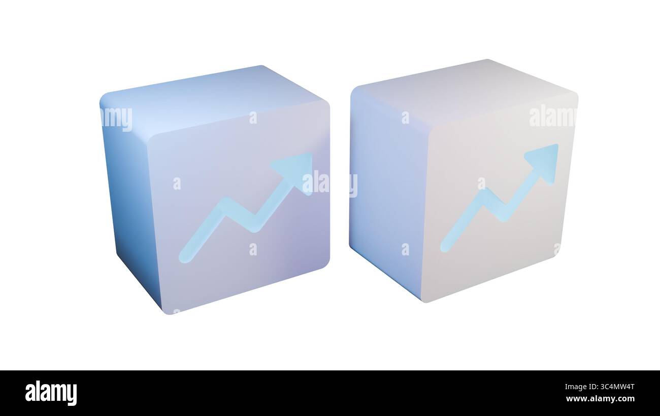 Illustration 3D moderne d'une flèche en zigzag violette projetant à partir d'un cube pastel avec un symbole de flèche lumineuse. Banque D'Images