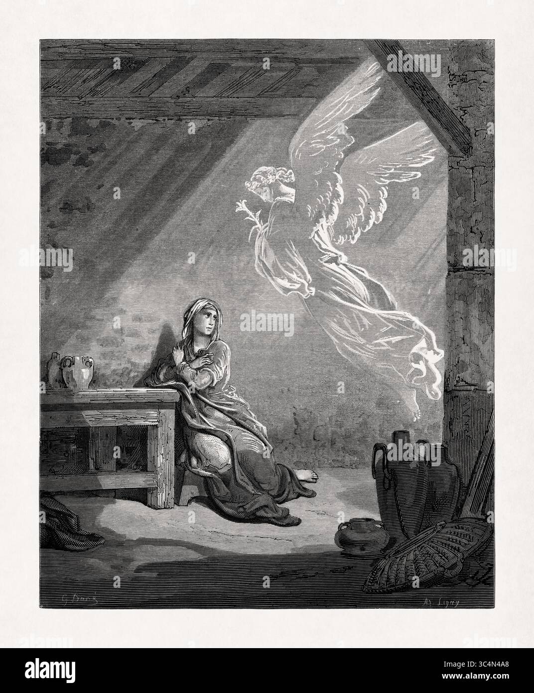 Gravure de Gustave Doré représentant l'Archange Gabriel annonçant l'Incarnation à Marie. Banque D'Images