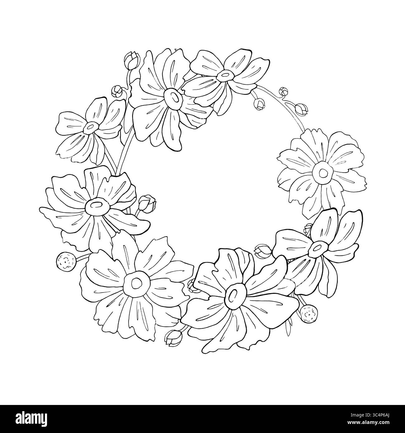 Couronne de fleurs d'anémone japonaise dans un style graphique. Cadre dans l'illustration vectorielle d'encre dessinée à la main, dessin au trait sur fond blanc pour carte postale sur Illustration de Vecteur