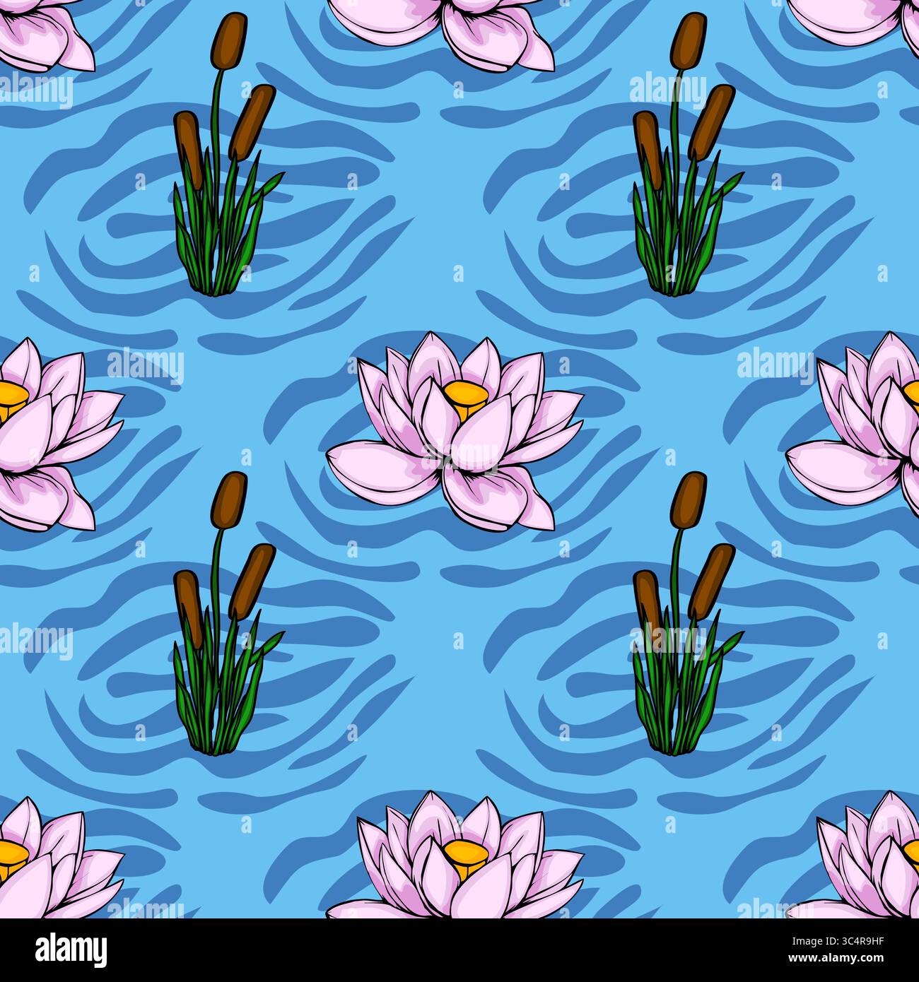 Ce motif vectoriel sans couture présente une illustration stylisée de nénuphars roses et de queues flottant sereinement sur une surface d'eau bleue vibrante, tex Illustration de Vecteur