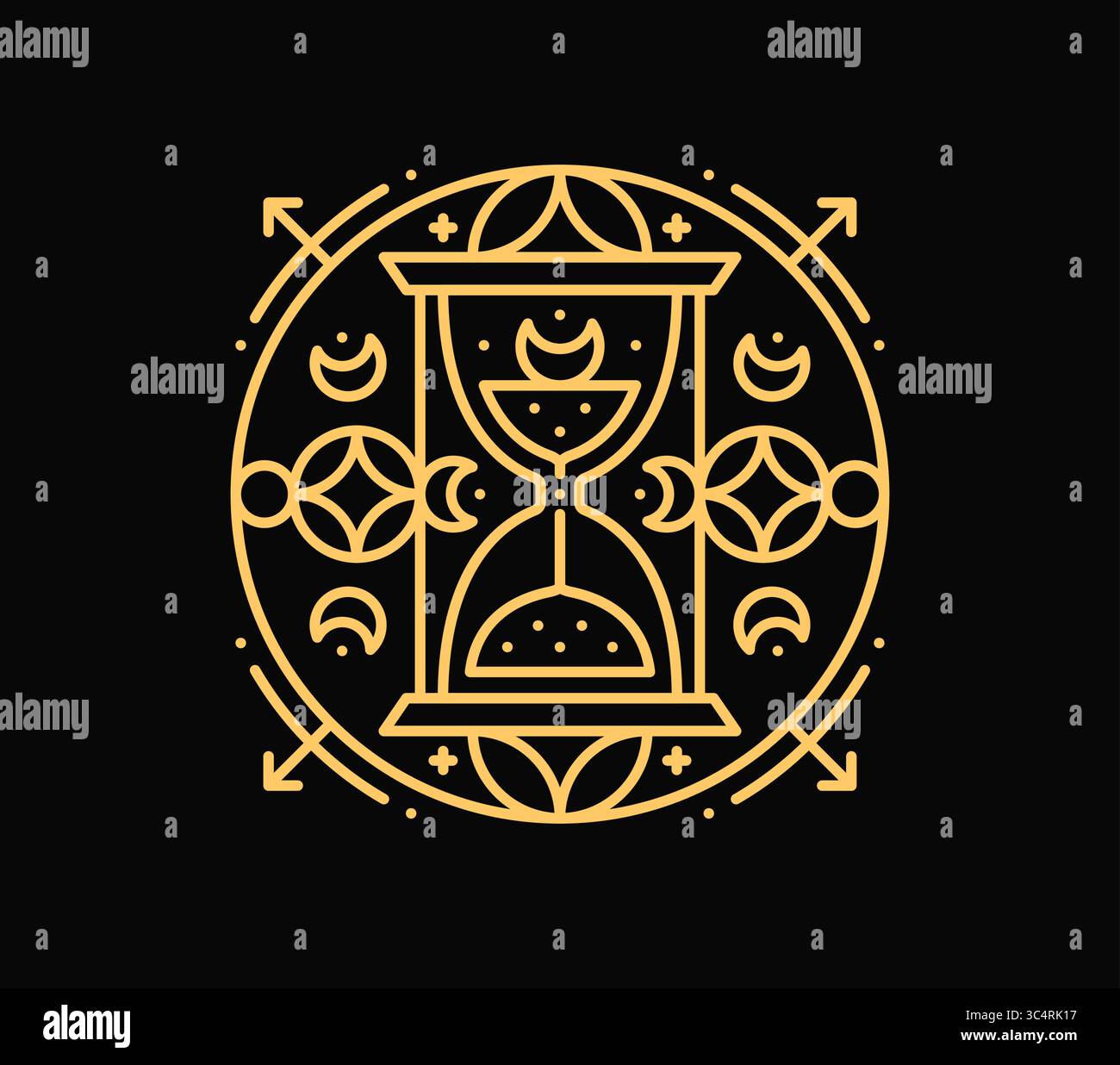Symbole de ligne ésotérique, tatouage boho mystique, signe mystique vecteur du temps, avec un sablier orné entouré d'éléments célestes, de phases de lune et de flèches. Cercle d'alchimie ornementale sacré en or Illustration de Vecteur