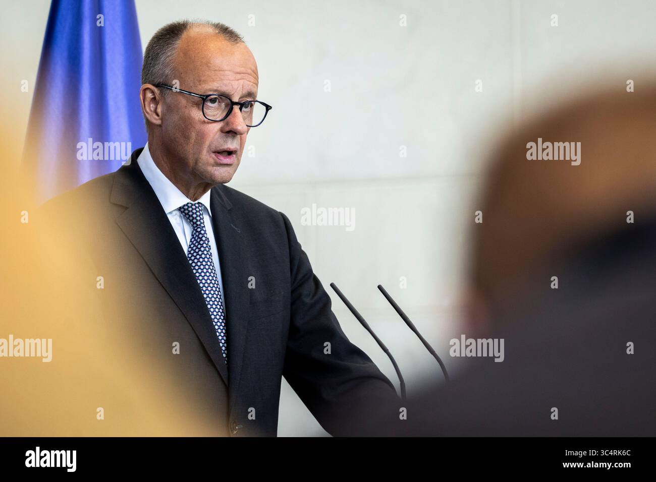 Berlin, Deutschland. 29 juillet 2025. Friedrich Merz (CDU), Chancelier fédéral, photographié lors d'une conférence de presse à la Chancellerie fédérale à Berlin, le 29 juillet 2025. Crédit : dpa/Alamy Live News Banque D'Images