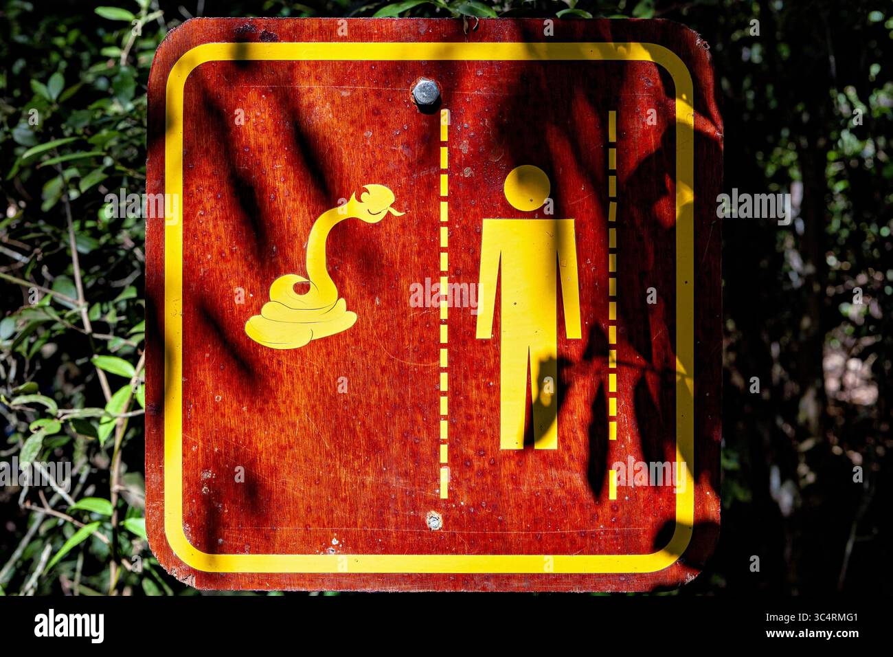 Panneau d'avertissement dans la forêt avec des symboles d'un serpent et d'une figure humaine Banque D'Images