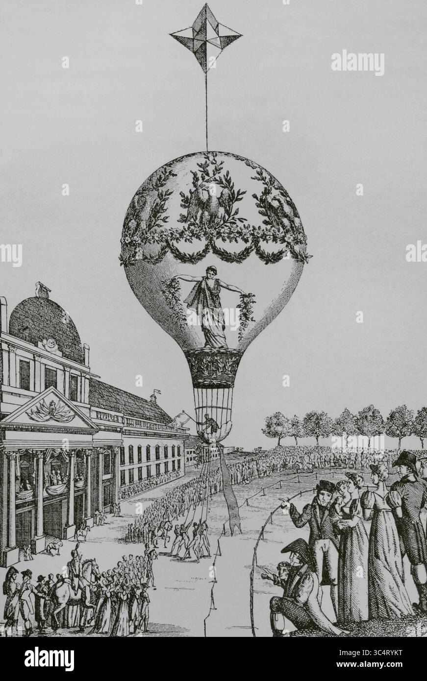 Paris, France. Ascension en ballon de Madame Sophie Blanchard au champ de mars le 24 juin 1810. Cet événement a eu lieu pour célébrer le mariage de Napoléon Ier et Marie-Louise d'Autriche. Gravure. Directoire, Consulat et Empire. Moeurs et usages, lettres, sciences et arts. France, 1795-1815” (Annuaire, Consulat et Empire de France. Coutumes et traditions, lettres, sciences et art. France, 1795-1815), de Paul Lacroix. Publié à Paris, 1884. Banque D'Images