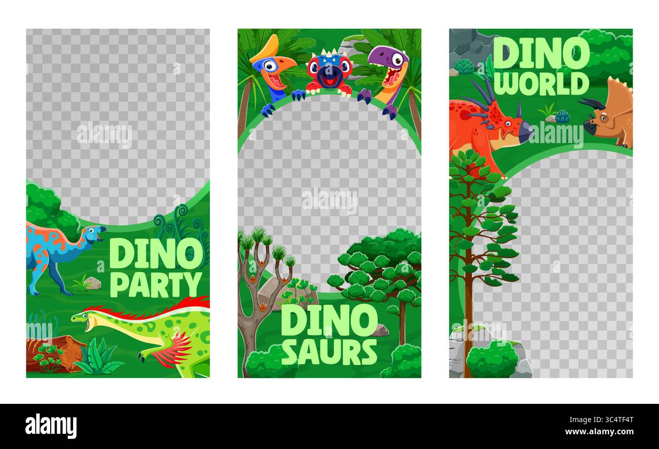 Modèle de flyer de partie Dino avec des cadres pour l'événement de divertissement pour enfants, bannières vectorielles. Dino bébé préhistorique et dinosaures jurassiques avec des reptiles drôles dans la forêt de jungle pour les cadres de médias sociaux Illustration de Vecteur