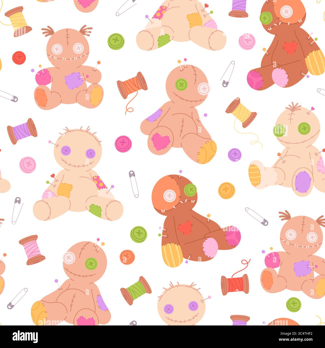 Motif sans couture de poupées vaudou. Effrayant avec des jouets avec des épingles, des points de suture, des patchs. Impression effrayante de style halloween pour tissu, papier peint, emballage, vecteur racé Illustration de Vecteur