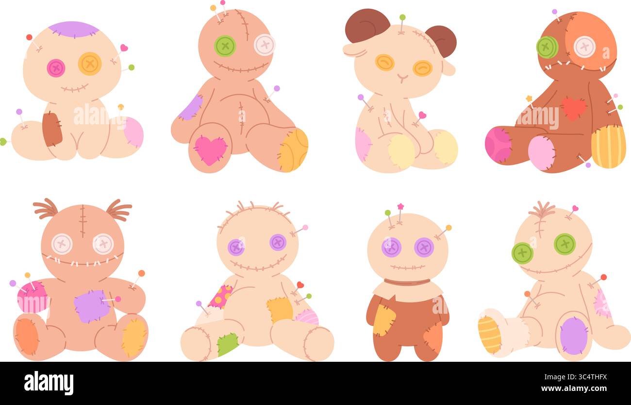 Poupées vaudou. Dessin animé isolé créatures vaudou avec des épingles, des patchs piquent. Poupées drôles de sorcière effrayantes, accessoires d'halloween, jouets magiques, vecteur racé Illustration de Vecteur