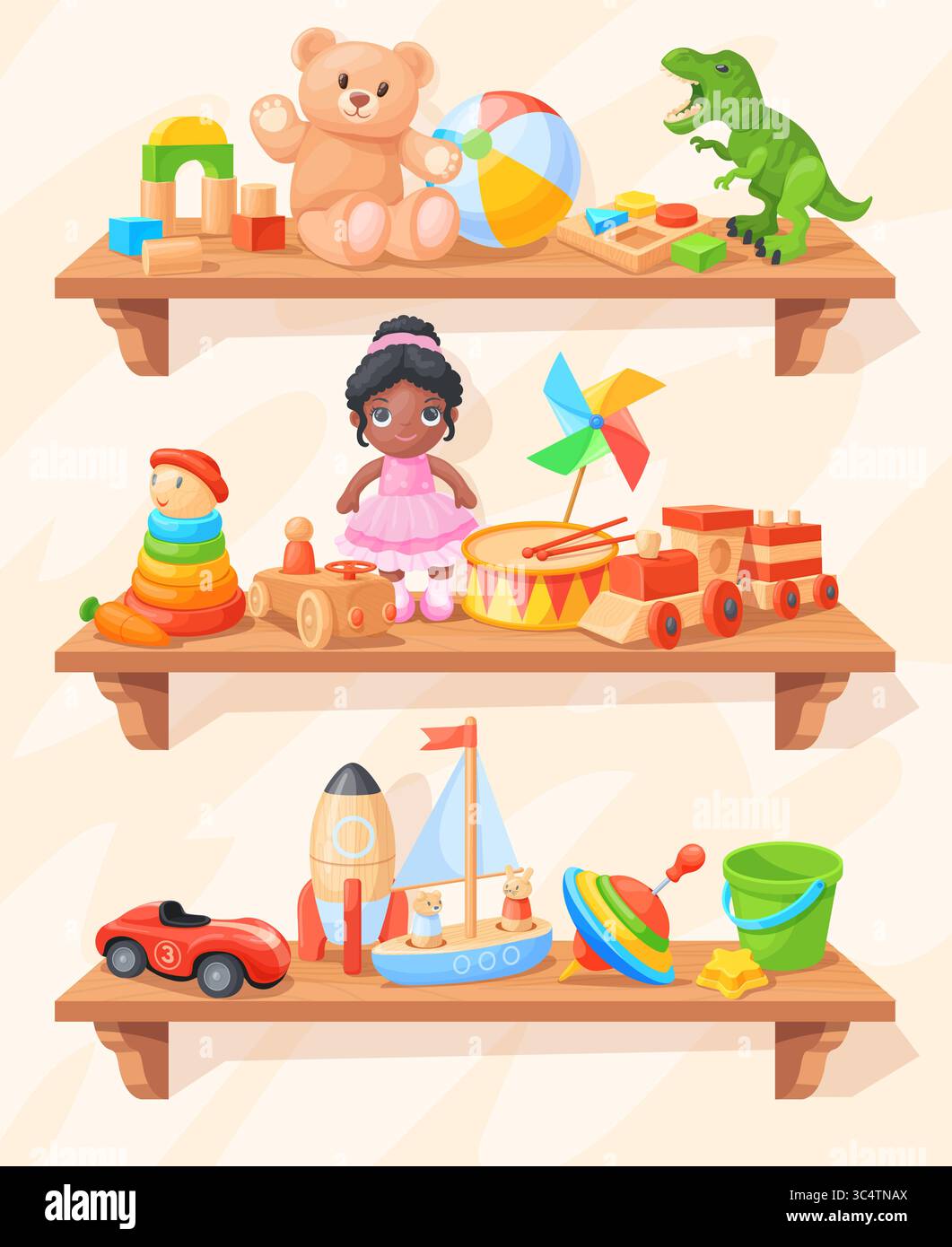 Étagère pour jouets de dessins animés. Étagères en bois de Toyshop, magasin de jouets pour bébés enfants pièce de jeu élément intérieur enfants poupée ours jouer boule train enfants vitrine magasin, illustration vectorielle soignée illustration originale Illustration de Vecteur
