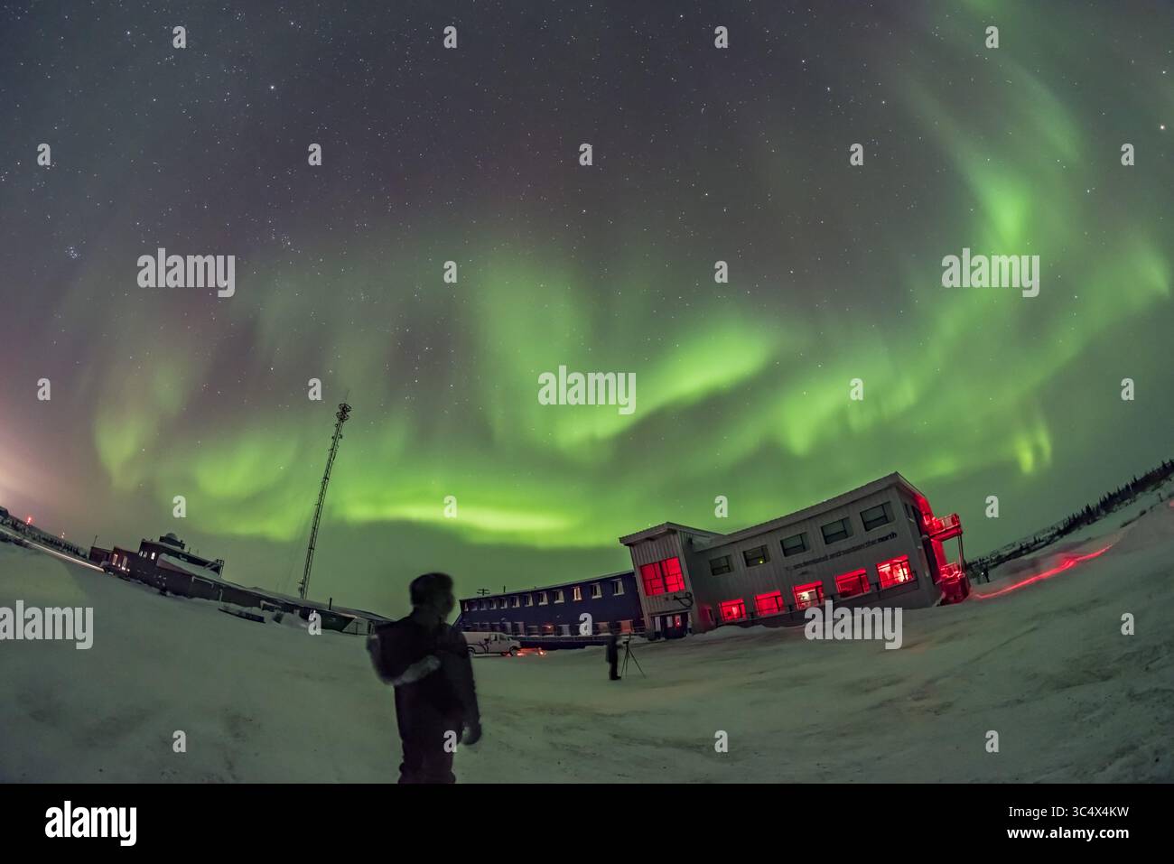 11 février 2018 - Alberta, Canada - Une exposition raisonnablement brillante de aurores boréales apparaît et se produit pour le premier groupe aurore de la saison au Centre d'études nordiques de Churchill, Churchill, Manitoba, dans la nuit du 11 au 12 février 2018. L'indice KP était encore bas, seulement 0 à 1, et le BZ était souvent encore au nord, mais pour une raison quelconque nous avons eu un affichage décent cette nuit. ..ici, je pose pour mon propre selfie, en regardant les lumières. ..il s'agit d'un seul cliché avec l'objectif Rokinon 12mm et Nikon D750. (Crédit image : © Alan Dyer / Vwpics/VW pics via ZUMA Wire) Banque D'Images