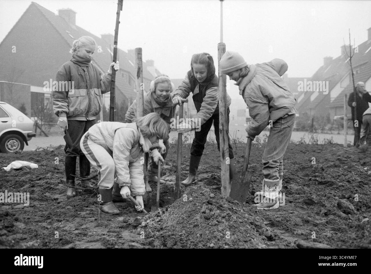 Plantez des arbres, reposez-vous. Groenendaal, arbres, Heemstede, pays-Bas, 11-12-1985 Whizgle News, Dutch Desk, pays-Bas, 1950-2000 Un groupe d'enfants plantant joyeusement des arbres ensemble, en utilisant des pelles alors qu'ils travaillent dans un terrain de jardin entouré de maisons. La scène reflète un sentiment de communauté et de coopération dans la protection de l'environnement. Banque D'Images