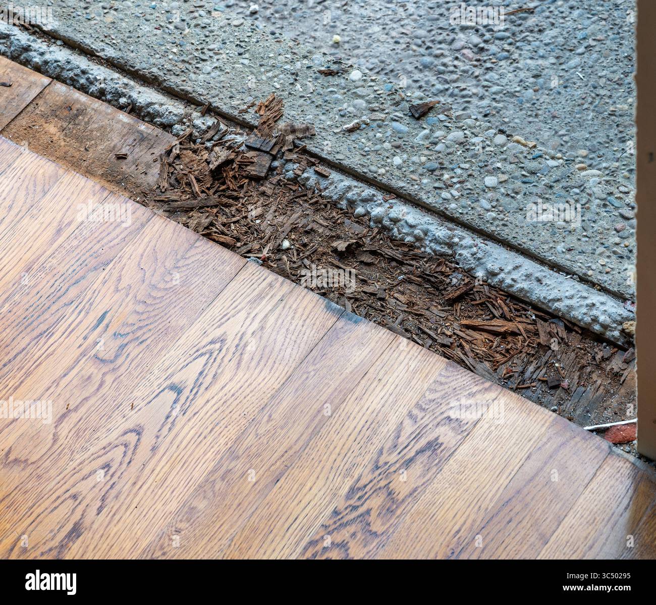 Pourriture de bois sur le sous-plancher sous la porte Banque D'Images