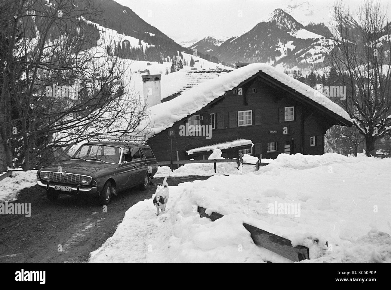 Pourrait. Famille en vacances (Gstaad), Kon. Visites et réceptions, personnes, funérailles, 22-01-1966 Whizgle News, Dutch Desk, pays-Bas, 1950-2000 Une voiture d'époque est garée sur un chemin enneigé à côté d'un charmant chalet en bois, entouré de montagnes enneigées et d'arbres. Un chien ludique se promène à proximité, ajoutant une touche vivante à la scène hivernale sereine. Banque D'Images