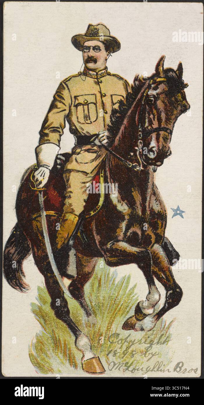 13 juin 2019, États-Unis : Theodore Roosevelt, en uniforme à cheval, tenant l'épée, illustration lithographique couleur par McLoughlin Bros, 1898 (crédit image : © JT Vintage/Glasshouse via ZUMA Wire) Banque D'Images