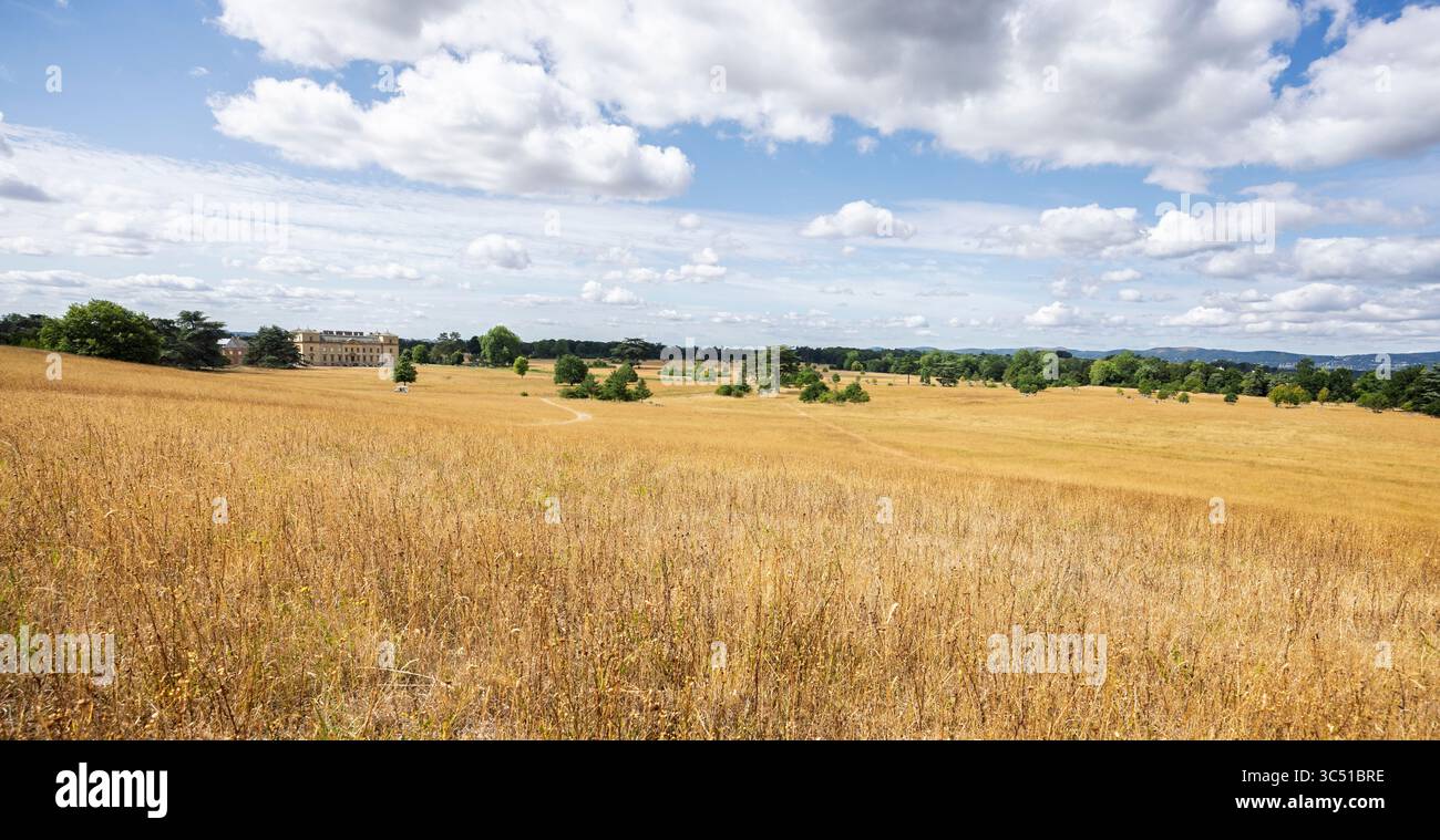 Vue panoramique de Croome court Country House à travers le parc blanchi par le soleil à Croome, près de Worcester, Worcestershire, Royaume-Uni le 16 juillet 2025 Banque D'Images