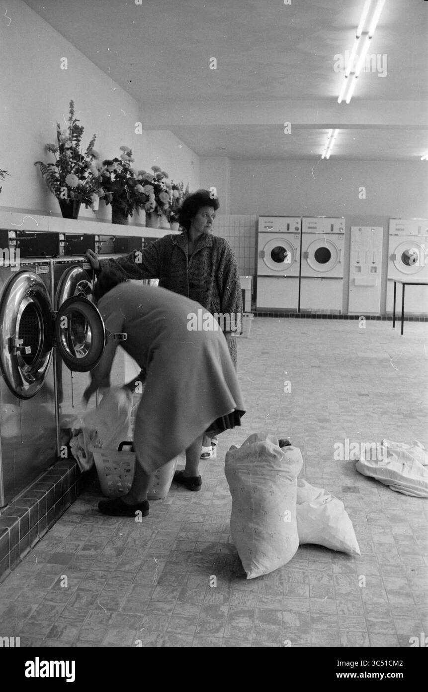 Wascomaat Santpoorterstraat, blanchisseries, Haarlem, Santpoorterstraat, pays-Bas, 20-09-1962 Whizgle News, Dutch Desk, pays-Bas, 1950-2000 deux femmes sont dans une buanderie, où l'une charge des vêtements dans une machine à laver tandis que l'autre se tient à proximité, observant. La chambre dispose de plusieurs machines à laver le long des murs, et des fleurs décoratives sont disposées sur une étagère, ajoutant une touche de chaleur à l'environnement pratique. Banque D'Images