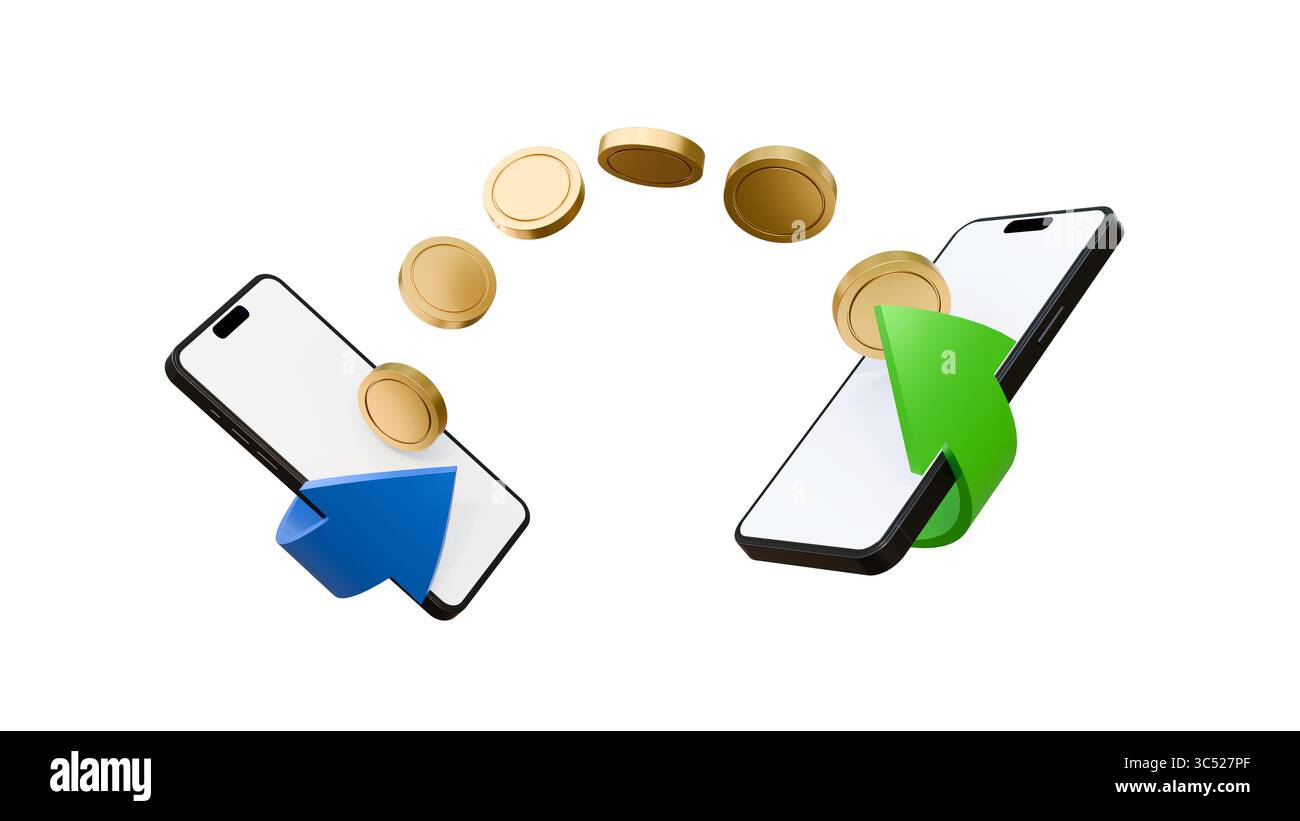 Transfert d'argent sur smartphones sur fond blanc. Concept d'envoi et de réception d'argent. Pièces de monnaie se déplaçant d'un téléphone portable à l'autre maquette. Banque D'Images