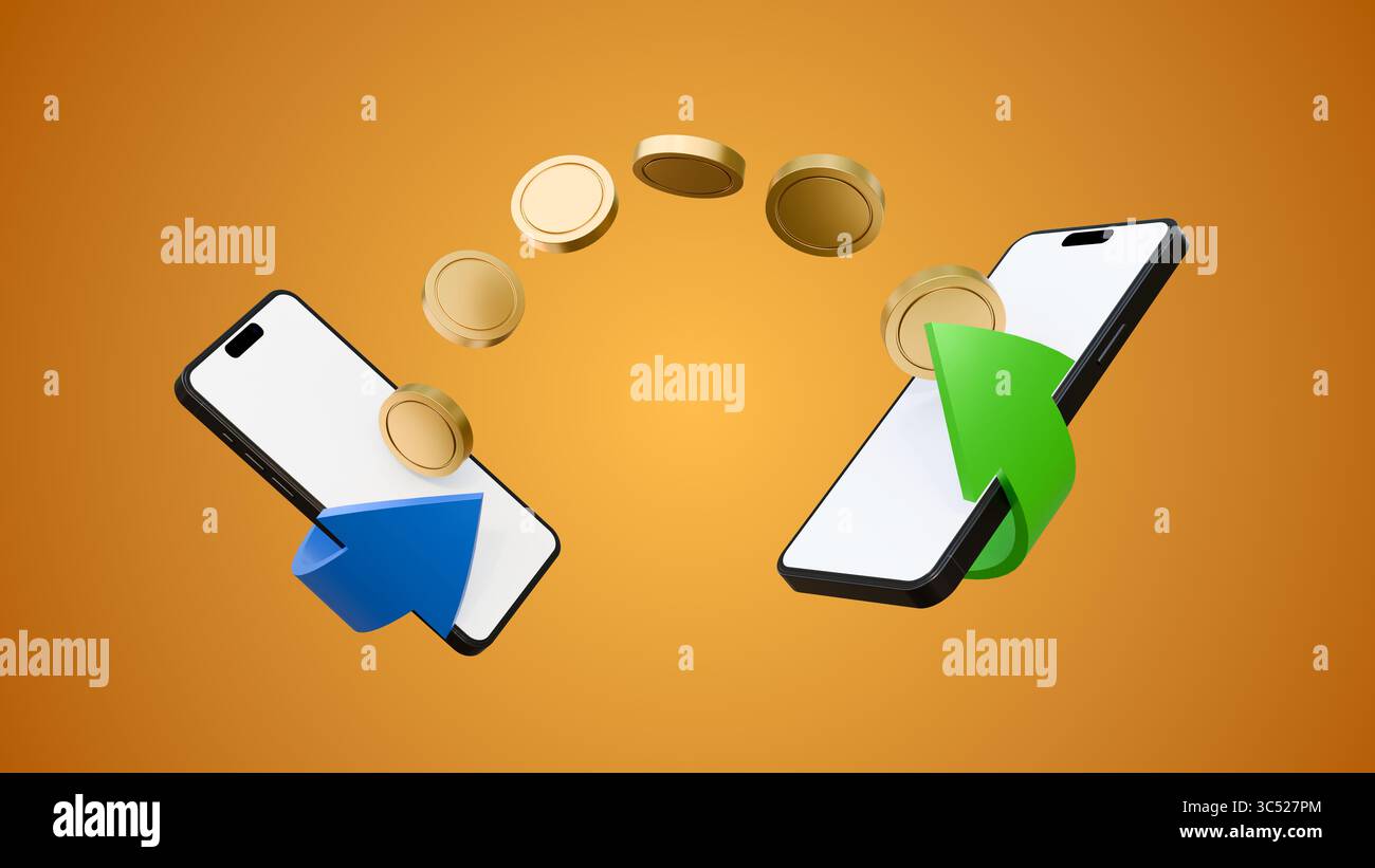 Transfert d'argent sur smartphones sur fond jaune. Concept d'envoi et de réception d'argent. Pièces de monnaie se déplaçant d'un téléphone portable à l'autre maquette. Banque D'Images