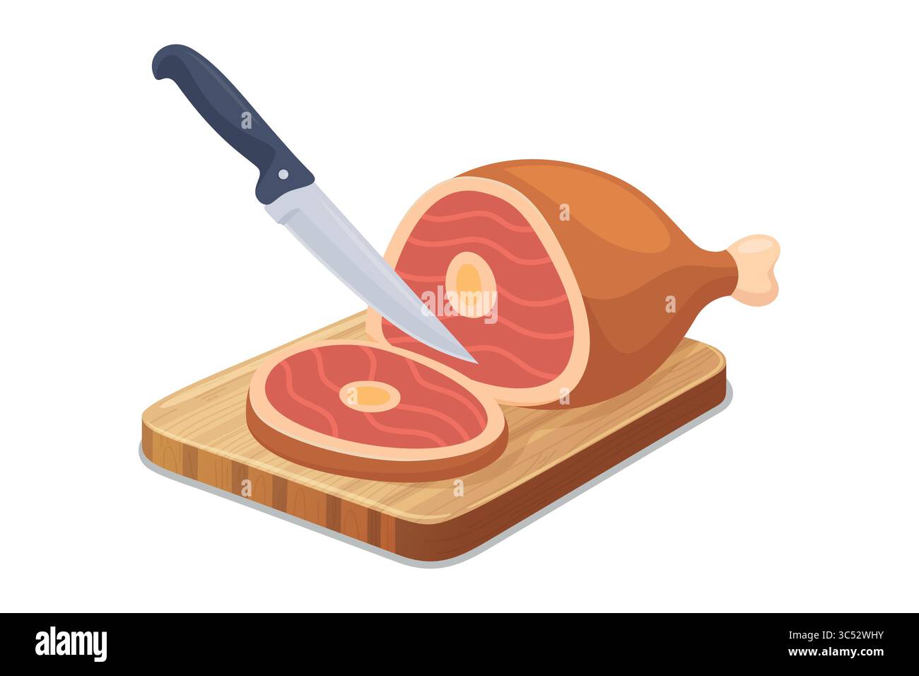 Jambon tranché vectoriel sur planche à découper avec couteau de cuisine. Viande de jambon fraîche pour la cuisson, tranche de jambon sur planche en bois. Délicieuse icône de nourriture de viande pour culinaire Illustration de Vecteur