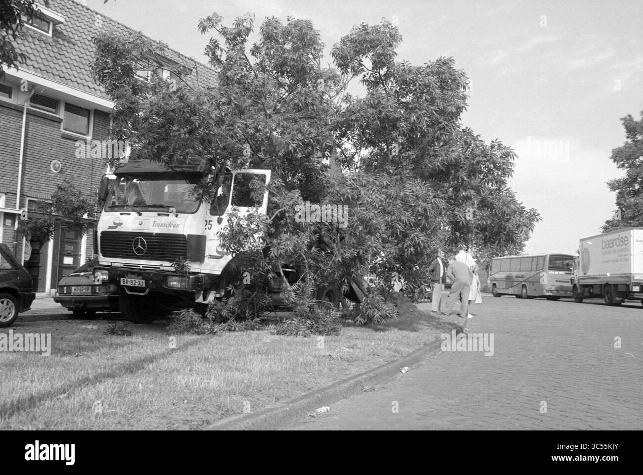 Camion avec poubelle déracine l'arbre, 24-08-1990 Whizgle News, Dutch Desk, pays-Bas, 1950-2000 Un gros camion est partiellement coincé sous un arbre tentaculaire, son extrémité avant obscurcie par des branches et du feuillage. À proximité, un couple de piétons marchent le long du trottoir, tandis que les véhicules sont garés le long de la rue, contribuant à la scène de la vie urbaine. Banque D'Images