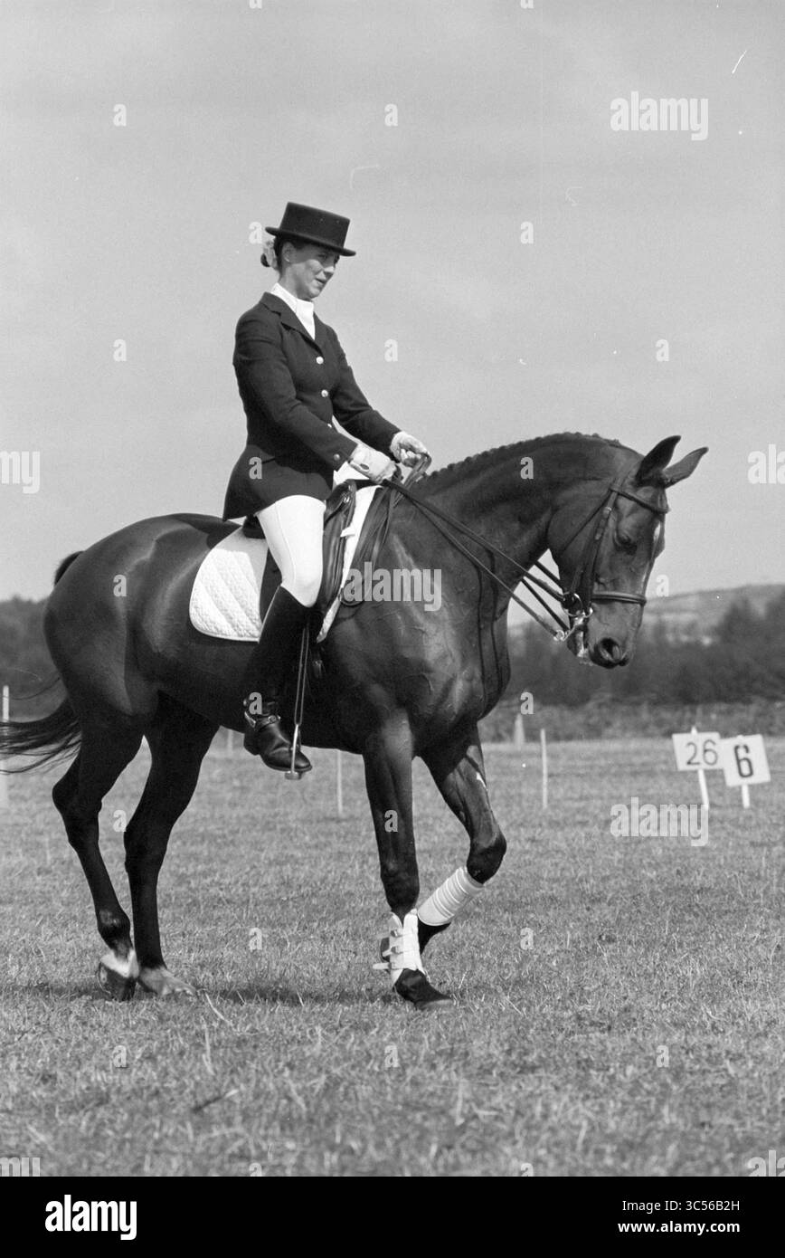 Chevaux de dressage, SP'woude, Spaarnwoude, 14-08-1992 Whizgle News, Dutch Desk, pays-Bas, 1950-2000 Un cavalier en tenue équestre formelle guide gracieusement un cheval bien entretenu à travers une routine de dressage élégante dans un champ ouvert. Banque D'Images