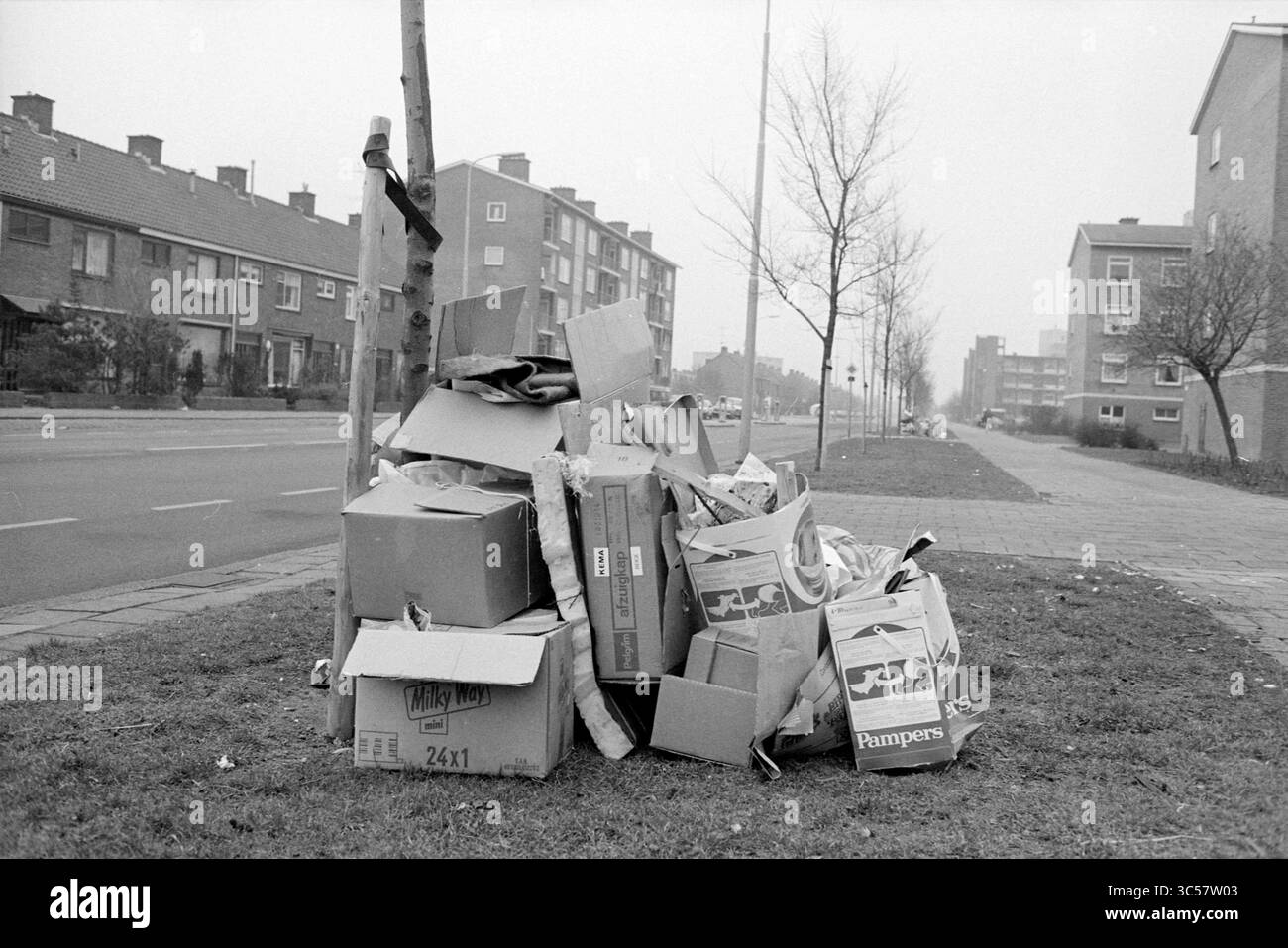 Déchets encombrants dans la rue Jan Ligthartstraat Heemskerk, ordures, Heemskerk, Jan Ligthartstraat, 22-02-1984 Whizgle News, Dutch Desk, pays-Bas, 1950-2000 Une pile de boîtes en carton assorties et de déchets est entassée contre un arbre dans une rue calme, avec des bâtiments résidentiels bordant le trottoir en arrière-plan. Banque D'Images